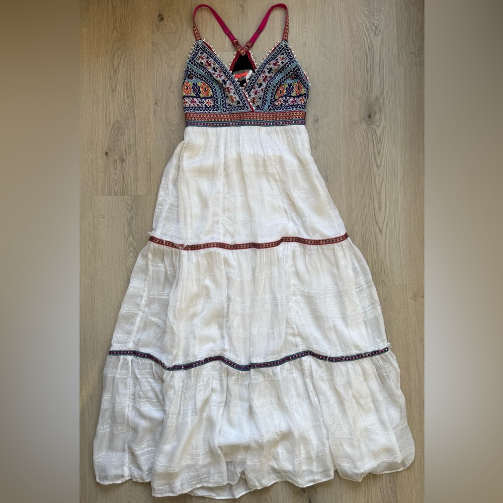Free People Embroidered Multicolor Boho Beaded White Maxi Dress Size 2 Small